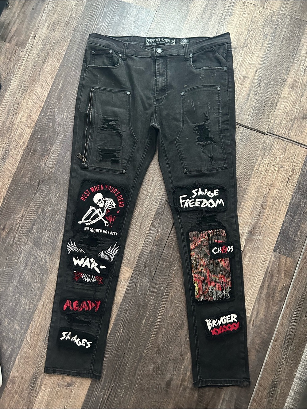 EUC Mens Heritage America 1776 Denim Distillery Distress Patchwork Punk Goth - Picture 4 of 13